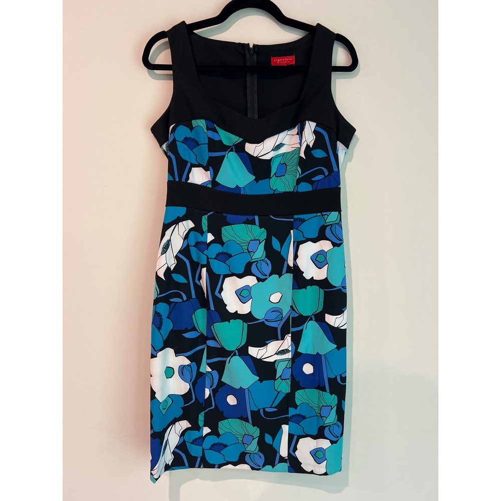 Signature by Sangria Women's Floral Sheath Dress Blue Teal Black Size 6 AXJG4N9